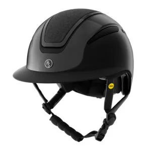 Hansbo Sport Mips Air Shiny Ridhjälm. Elegant bred matt solskärm, glittrande panel kantad av en stilfull cromad ram i symbios med matt omringande detalj.